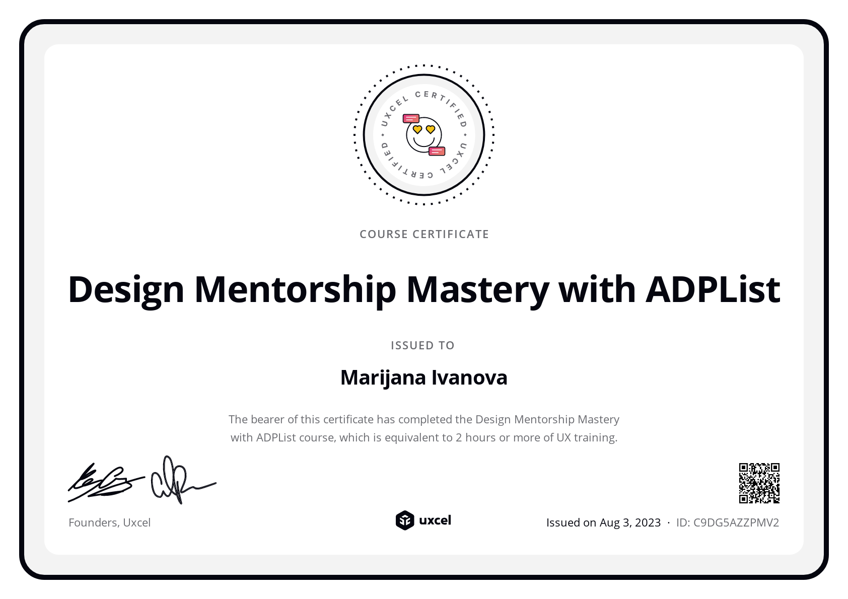 Marijana Ivanova-Lazarova's certificate